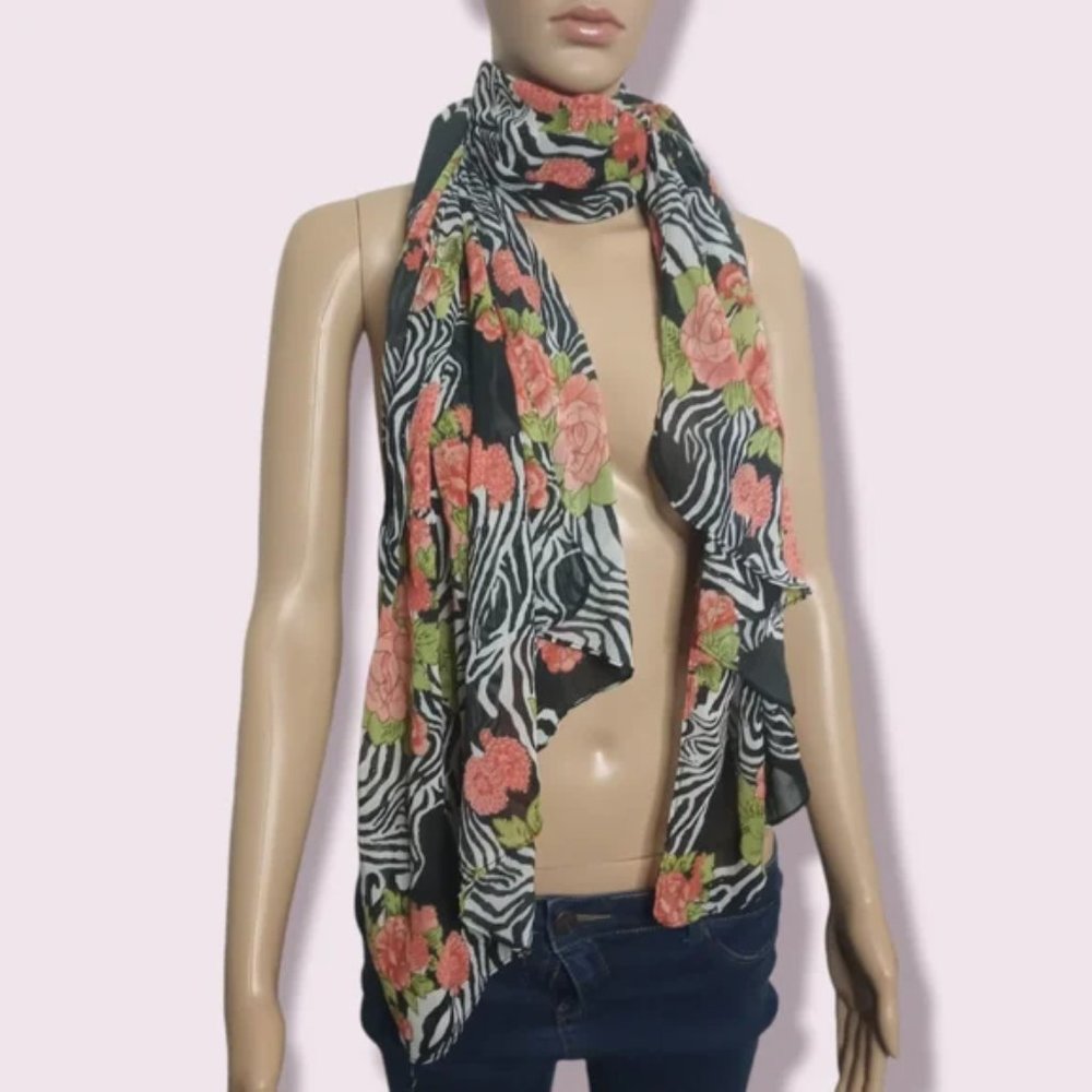 Sheer Zebra And Rose Print Scarf - Picture 2 of 5